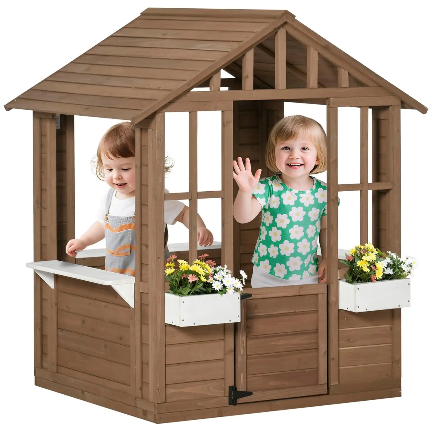 Wooden Outdoor Kids Playhouse With Working Door Windows Flower Pot