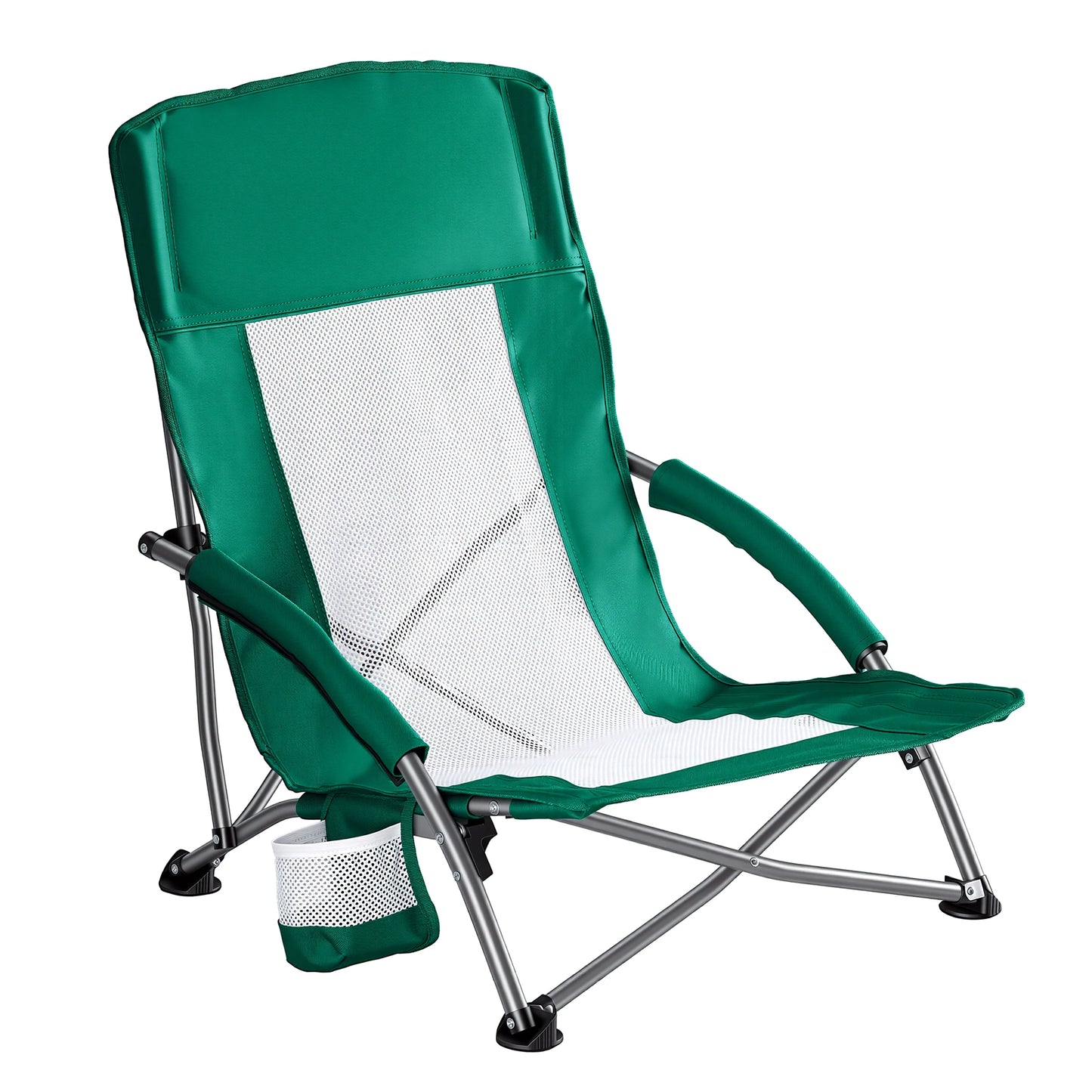 JHK Portable Lightweight Low Beach Chair With Cup Holder Storage Mesh Back