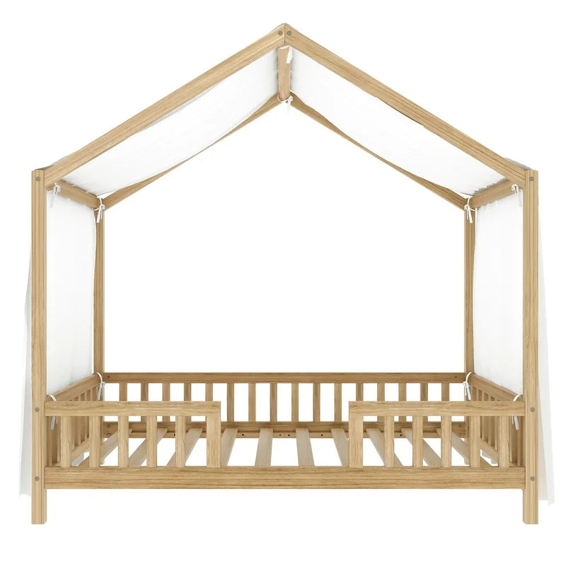 Montessori Floor Bed With Canopy For Kids Bamboo Wood Safety Rails