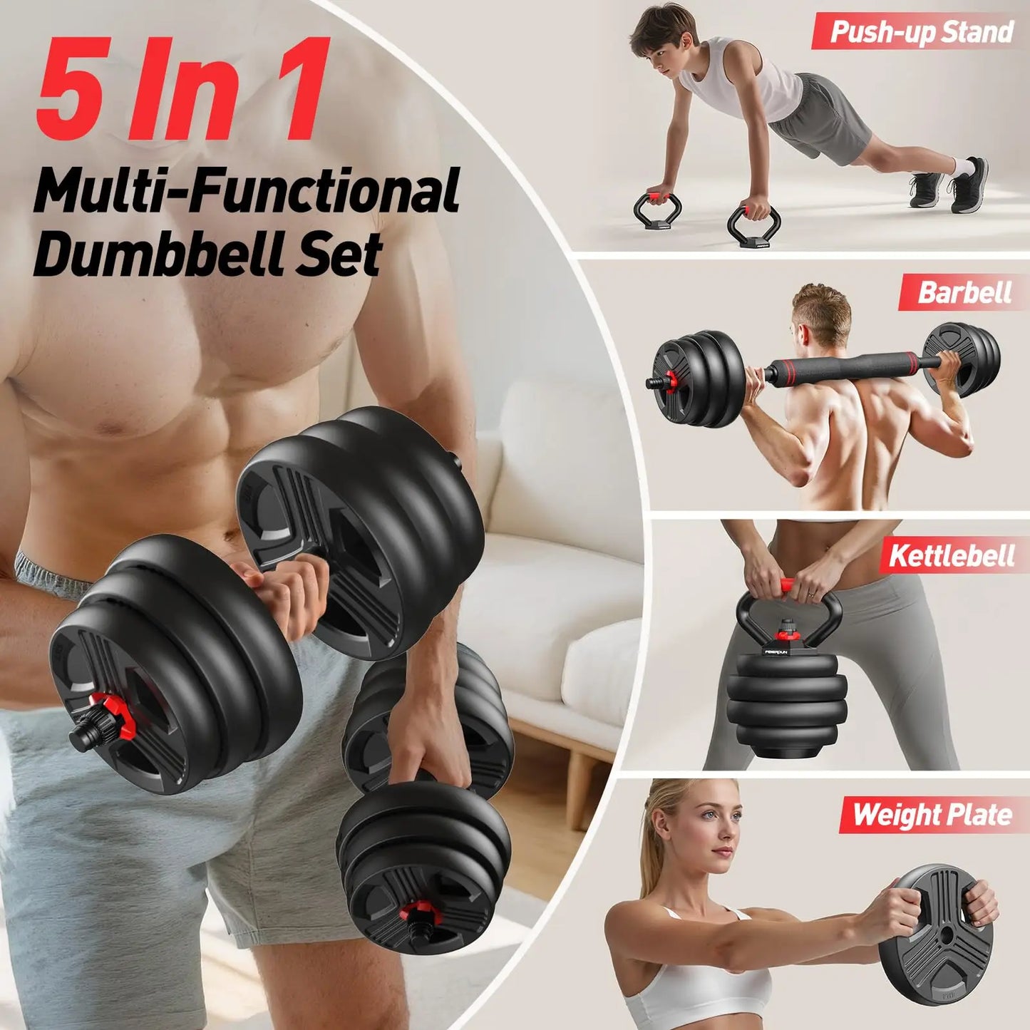 FED Fitness 5-In-1 Adjustable Dumbbell Set With Barbell 20/35/45/70/90 Lb