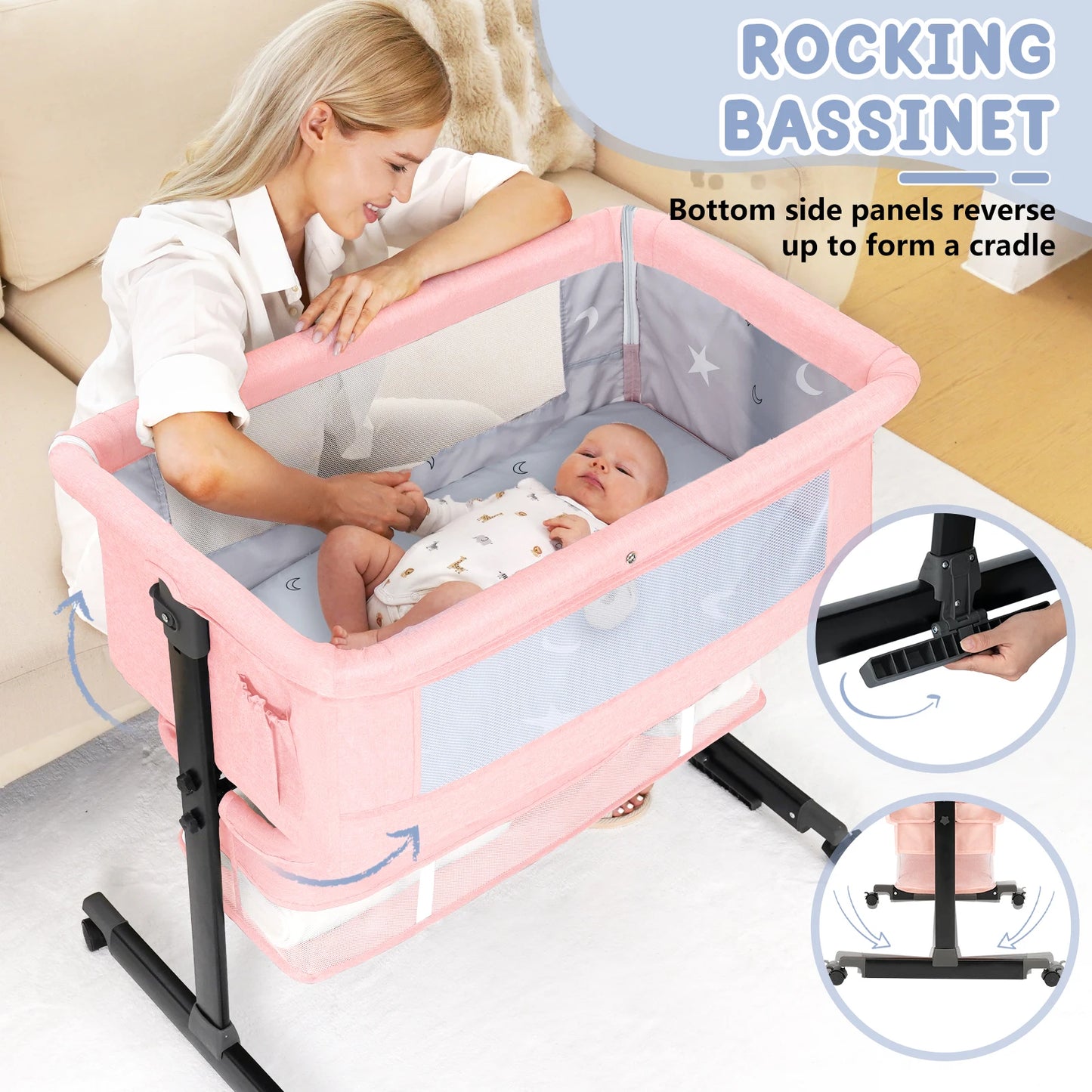 Kmaier Foldable Portable Baby Bassinet Bedside Crib With Storage Basket
