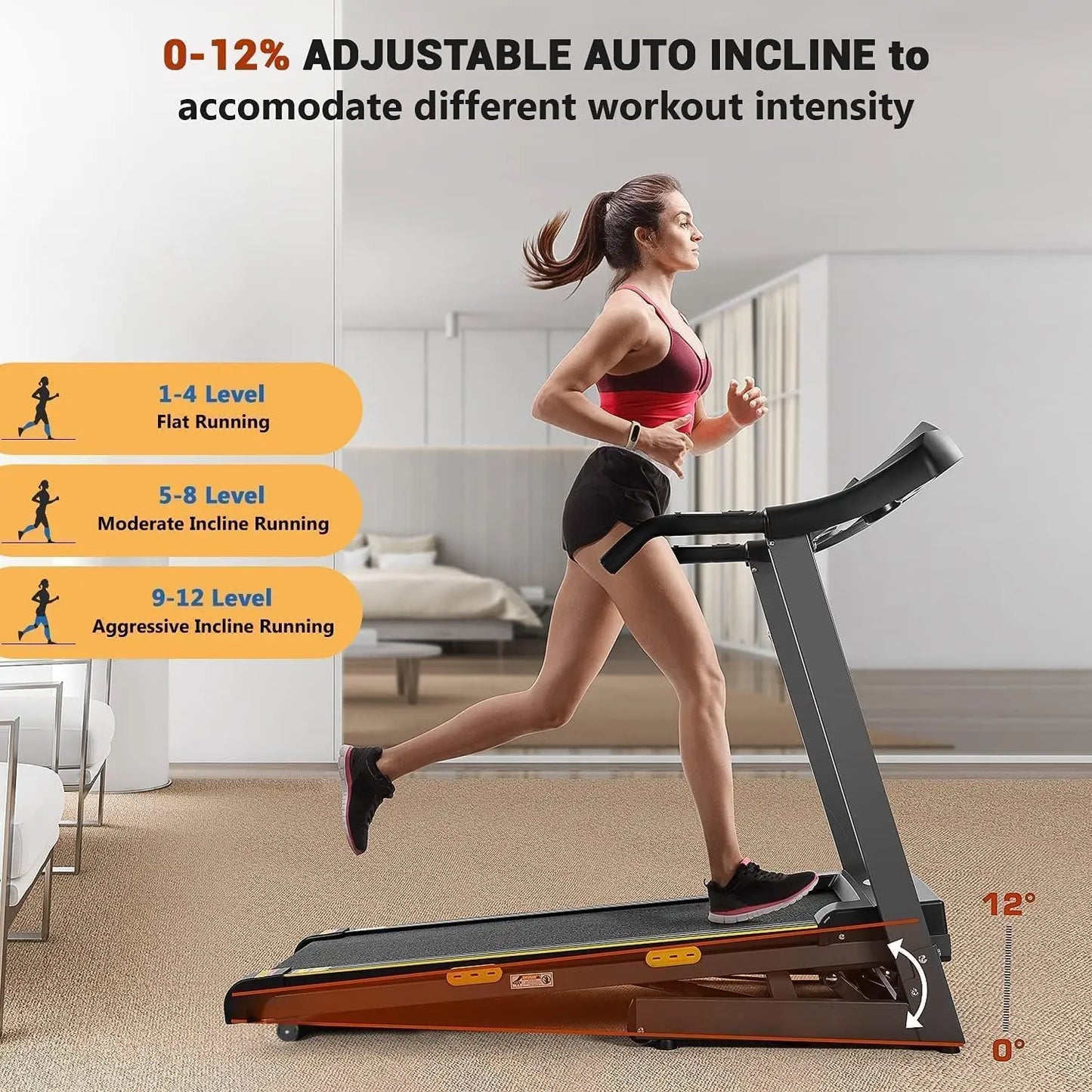 Auto Incline Treadmill With 2.5HP Electric Running Machine 15 Programs