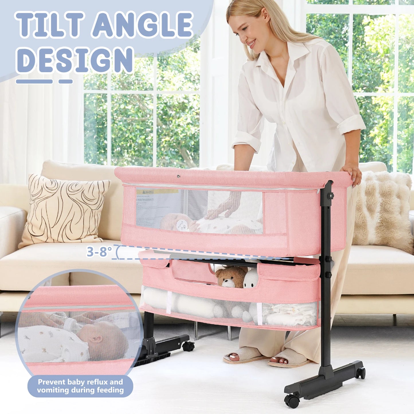 Kmaier Foldable Portable Baby Bassinet Bedside Crib With Storage Basket