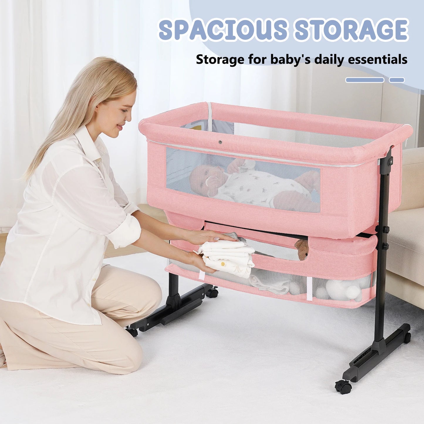Kmaier Foldable Portable Baby Bassinet Bedside Crib With Storage Basket