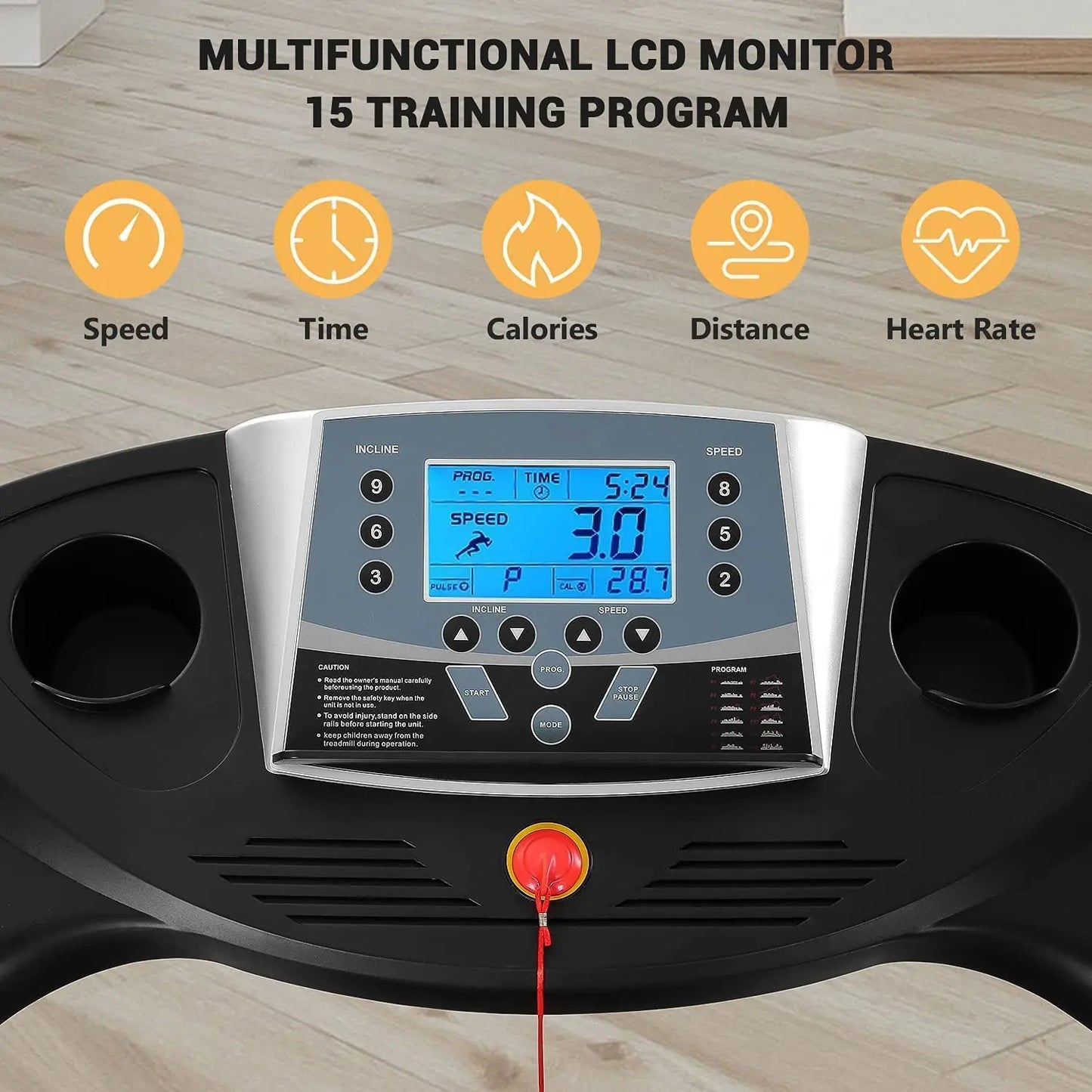 Auto Incline Treadmill With 2.5HP Electric Running Machine 15 Programs