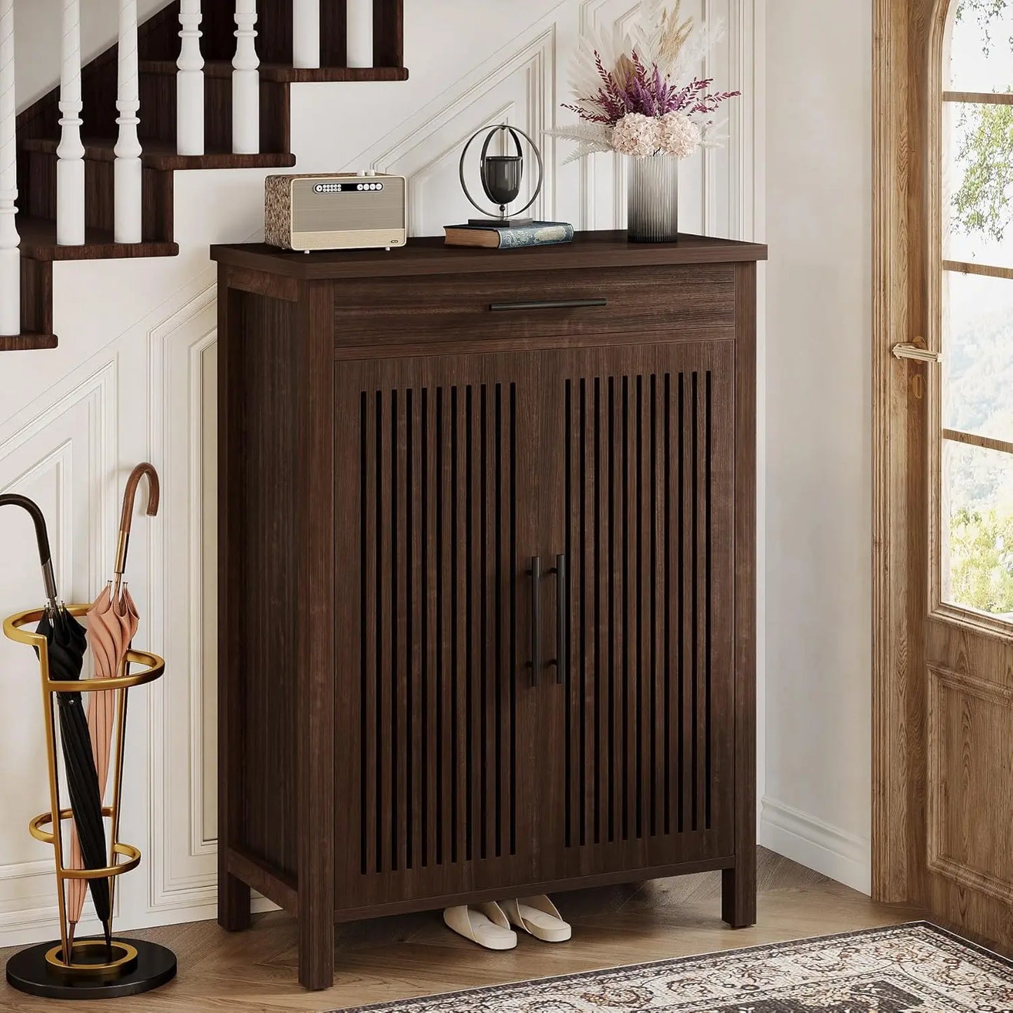 Little Tree 5-Tier Wooden Shoe Cabinet With Louvered Doors For Entryway