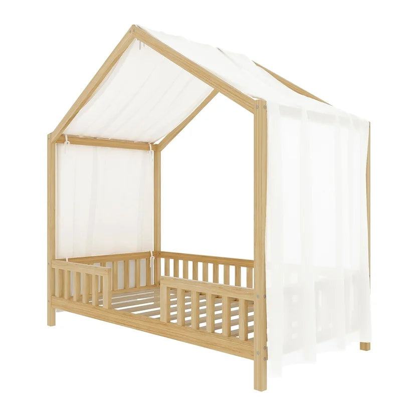 Montessori Floor Bed With Canopy For Kids Bamboo Wood Safety Rails