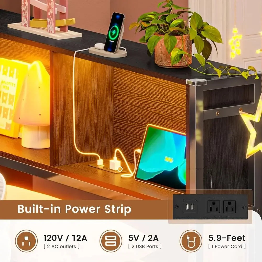Twin Daybed With Two Drawers Bookcase Charging Station LED Lights