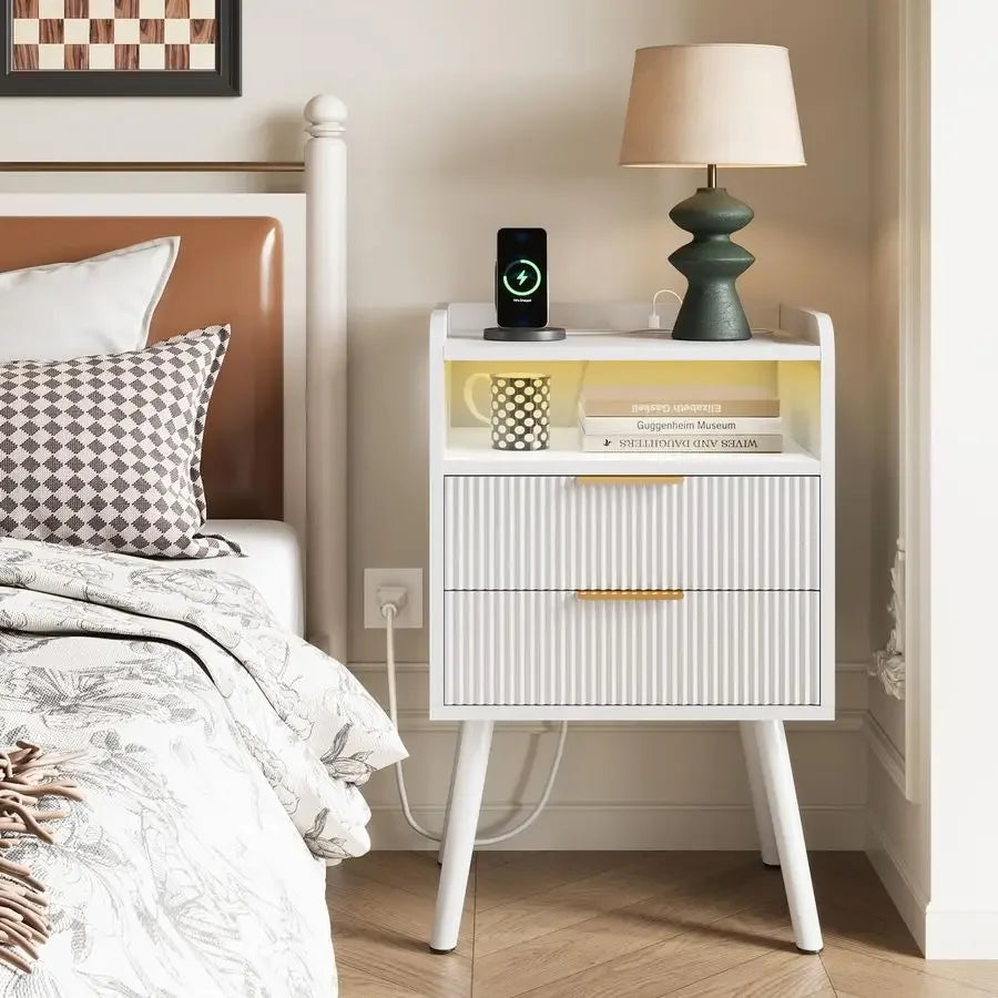 XMSJ Fluted Nightstand With LED Charging Station Two Drawers