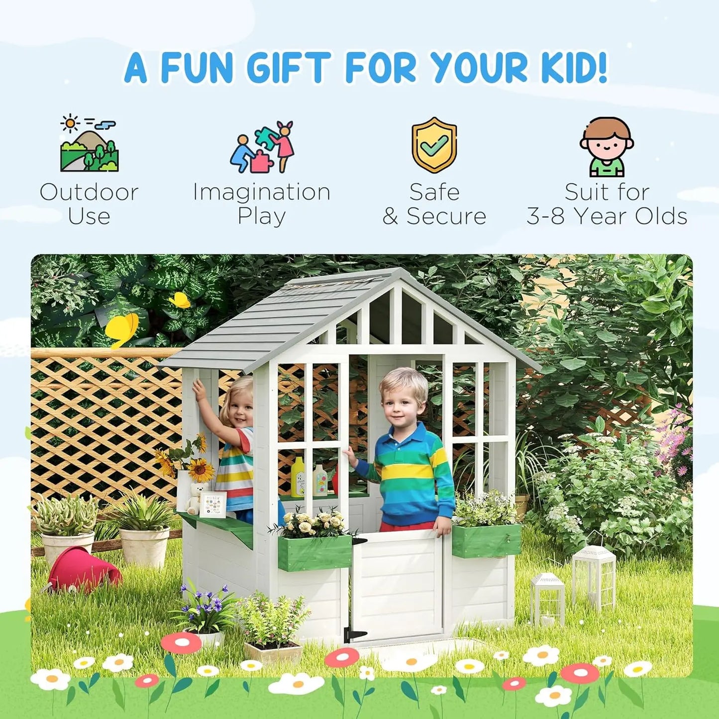 Wooden Outdoor Kids Playhouse With Working Door Windows Flower Pot