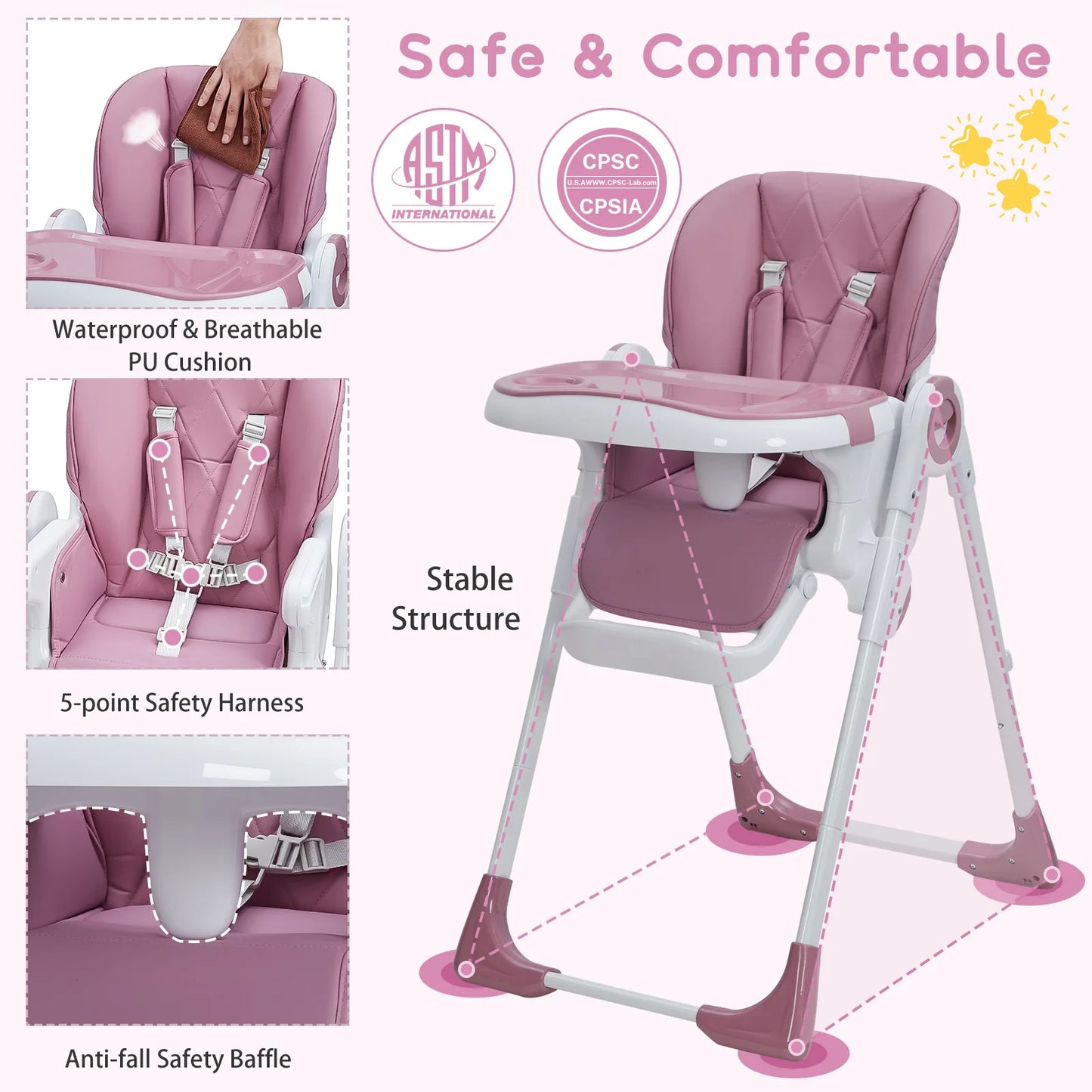 Infant High Chair With Adjustable Height Recline Folding Design