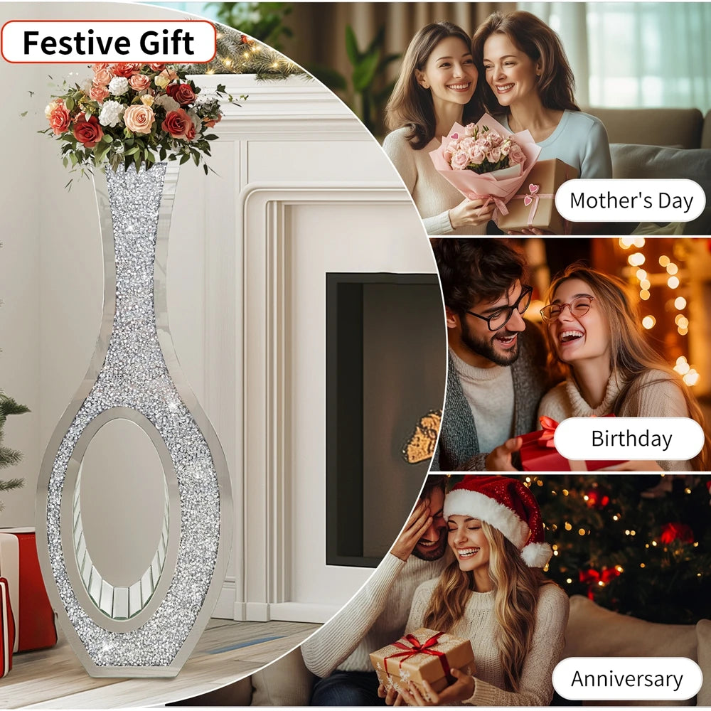 Mirrored Floor Vase With Diamond Crush Decorative Glass and MDF