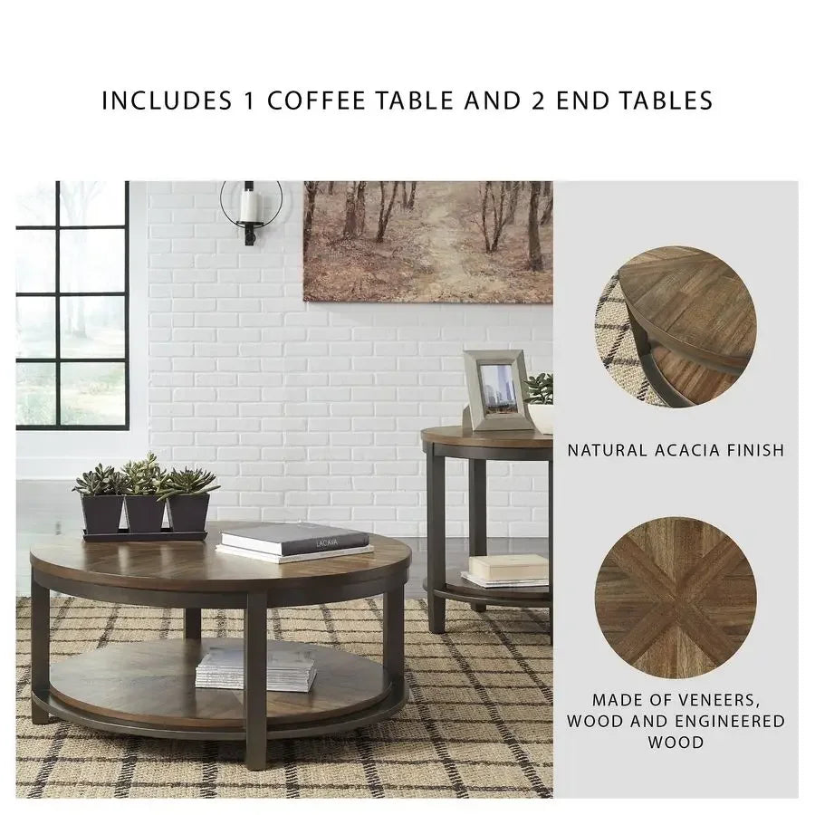 XMSJ Rustic Round 3-Piece Table Set With Coffee End Tables