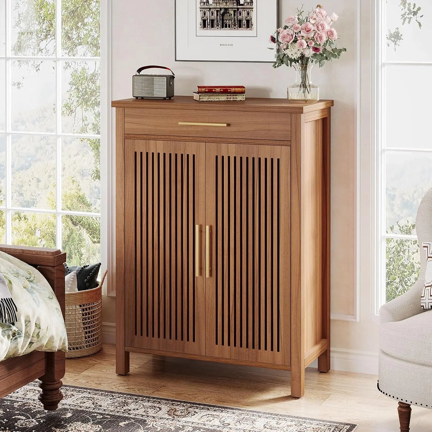 Little Tree 5-Tier Wooden Shoe Cabinet With Louvered Doors For Entryway