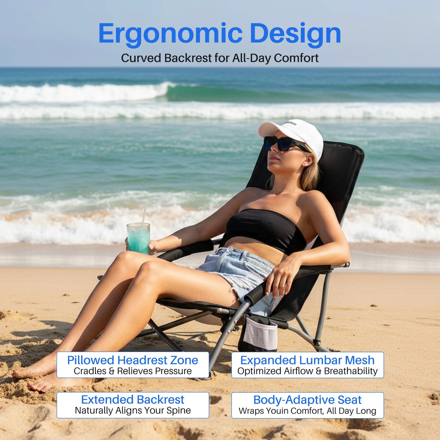 JHK Folding Beach Chair With Mesh Back And Cup Holder
