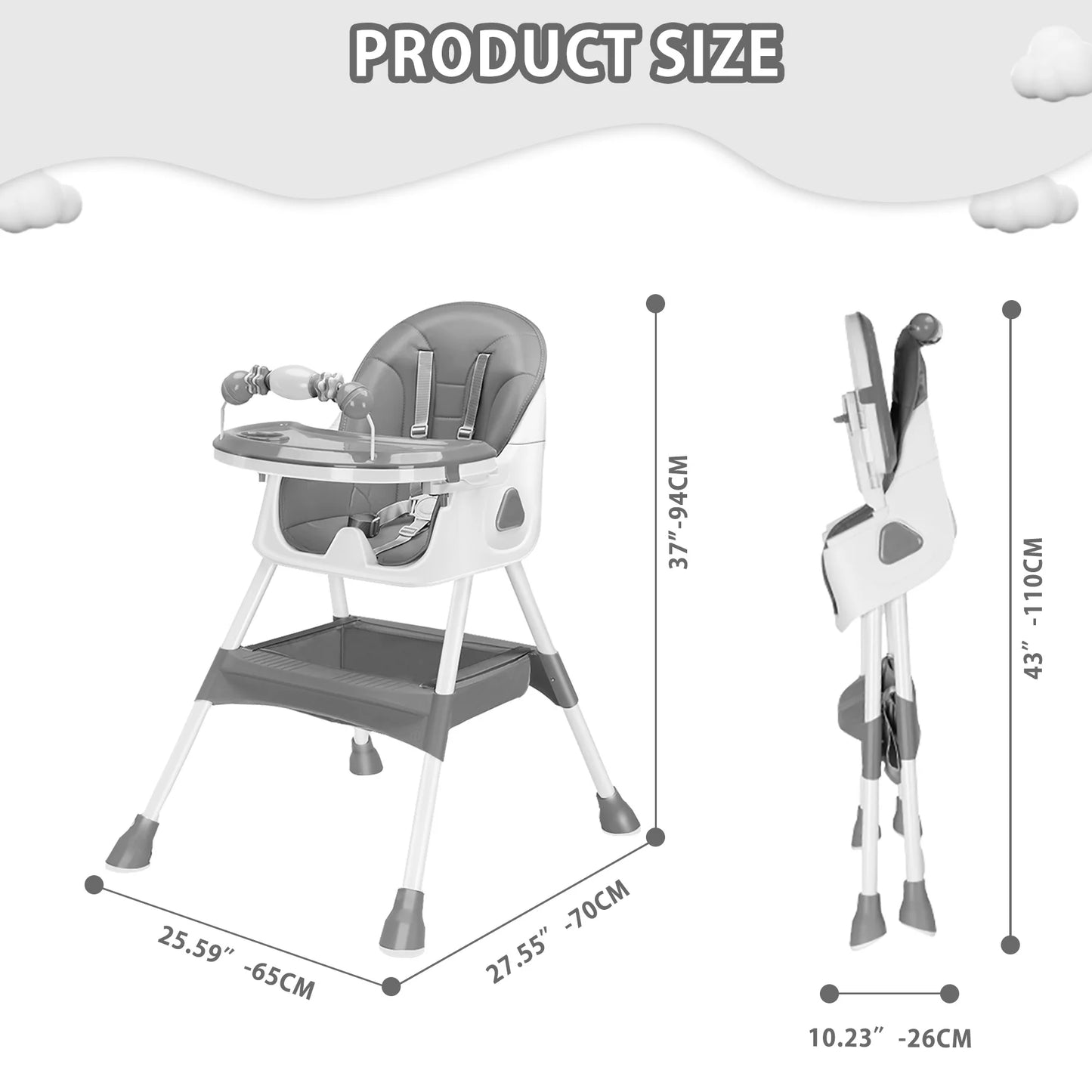PIORLADO Foldable Baby High Chair Antislip Pad And Toy Rack