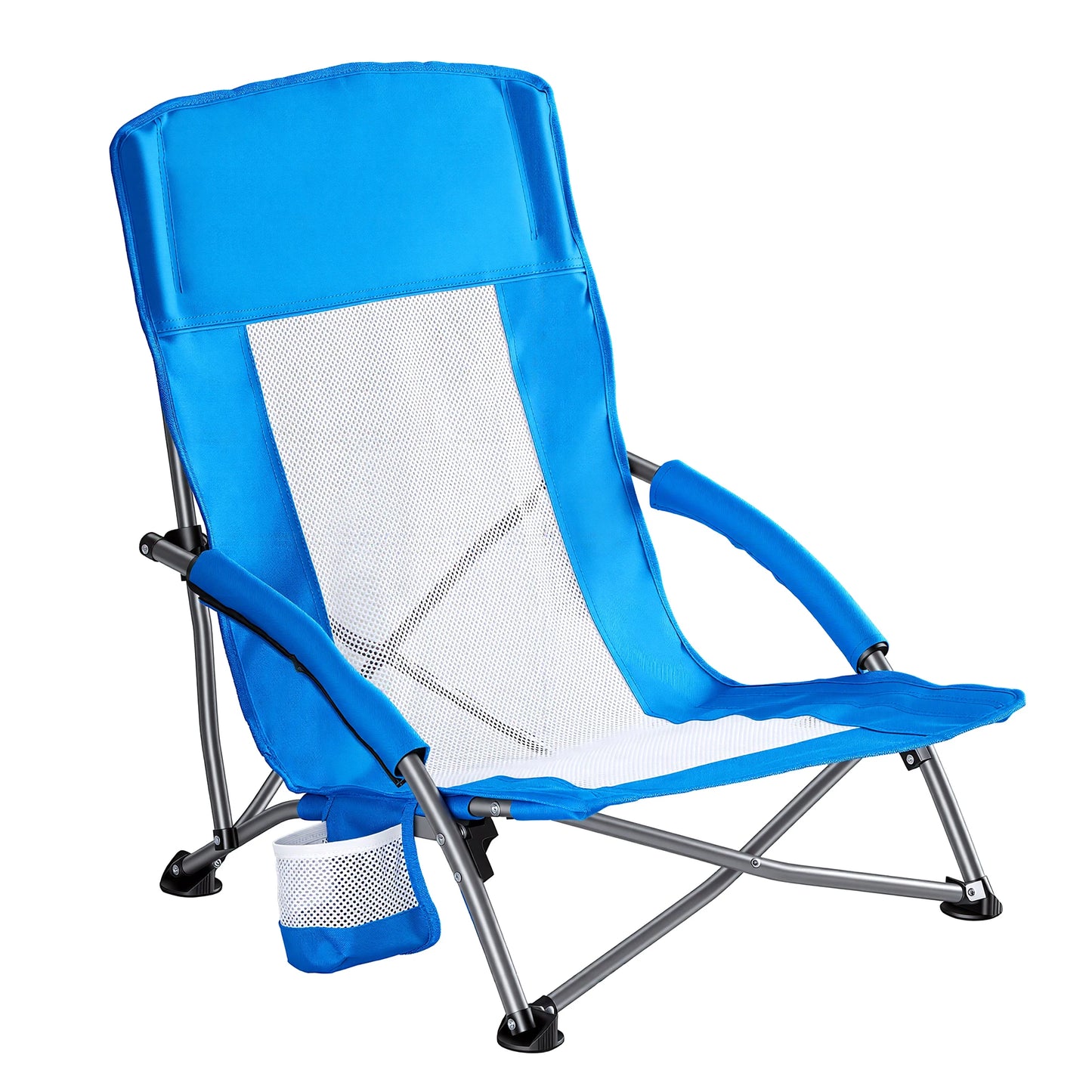 JHK Portable Lightweight Low Beach Chair With Cup Holder Storage Mesh Back