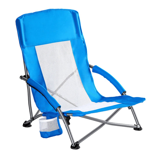 JHK Portable Lightweight Low Beach Chair With Cup Holder Storage Mesh Back