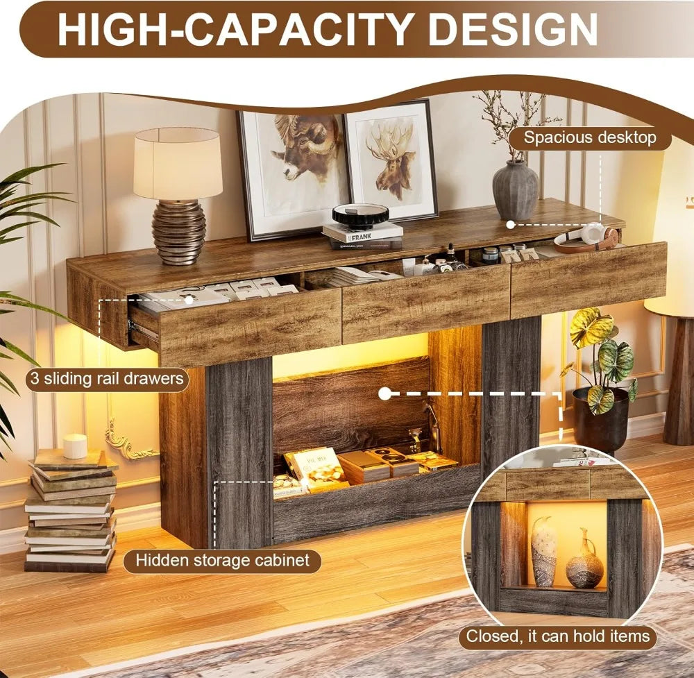 LED Console Table With Hidden Safe And Drawers For Entryway