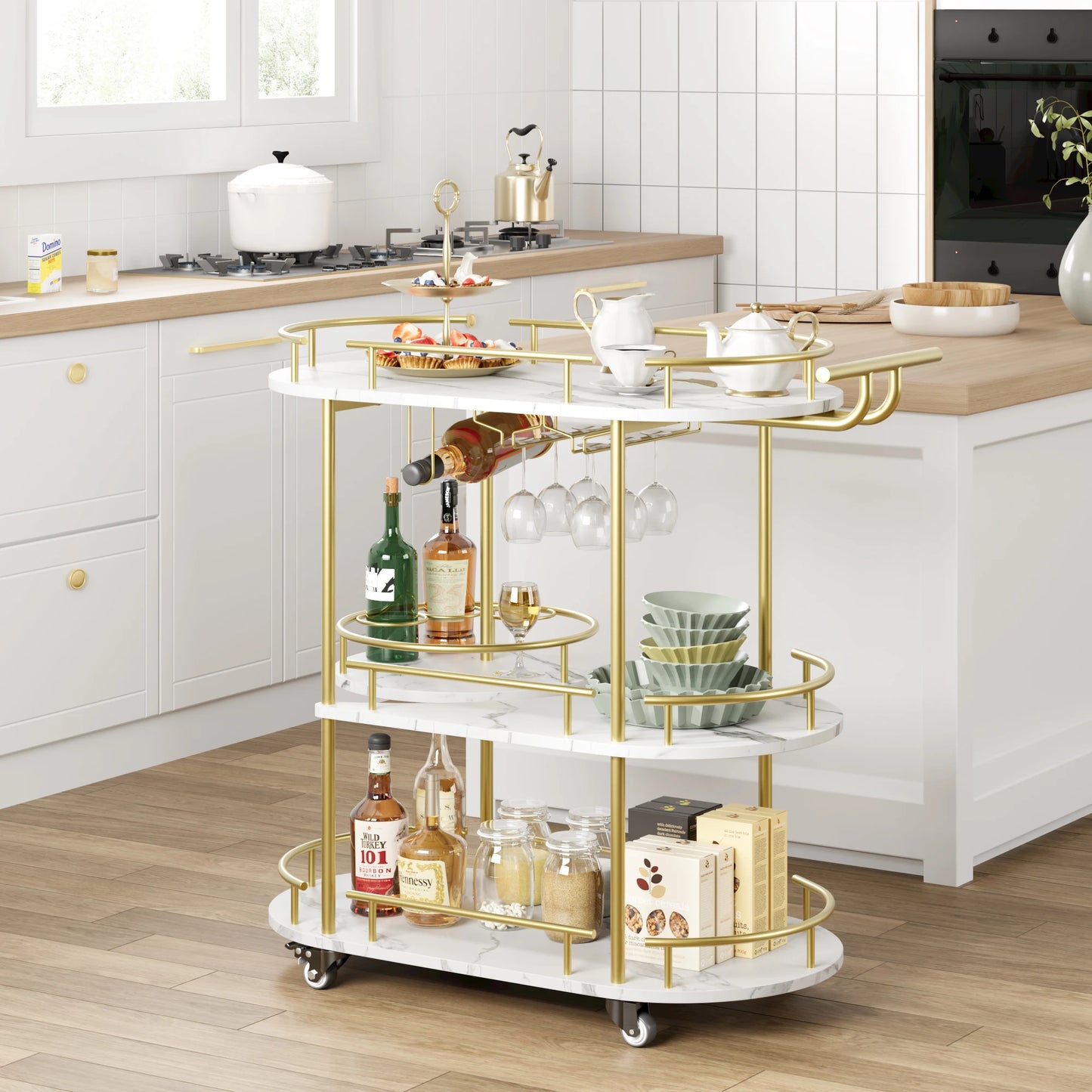 TWISTER.CK Bar Cart With 4-Tier Storage On Wheels And Wine Rack