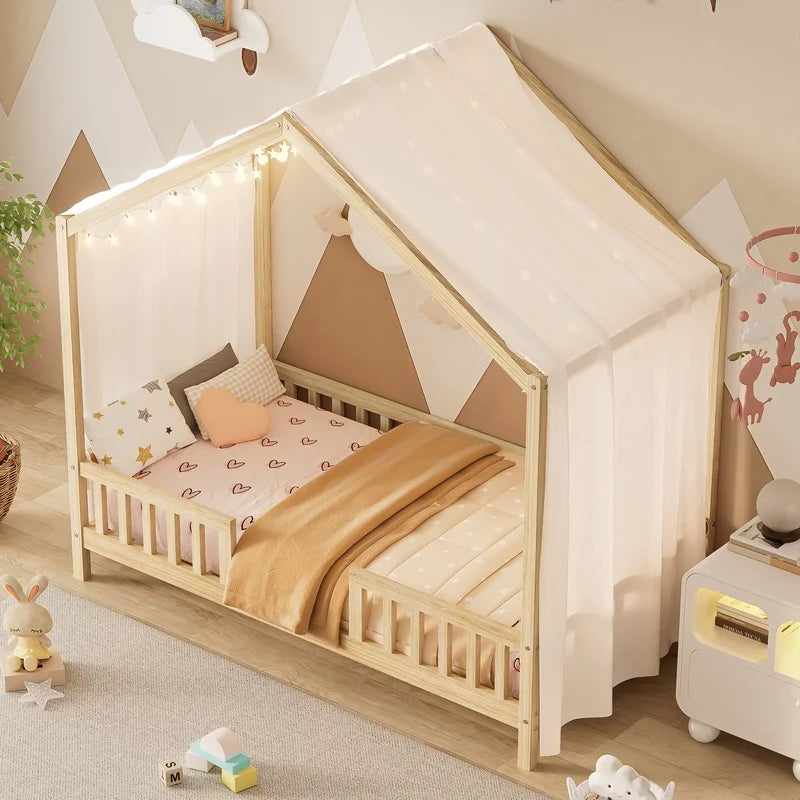 Montessori Floor Bed With Canopy For Kids Bamboo Wood Safety Rails