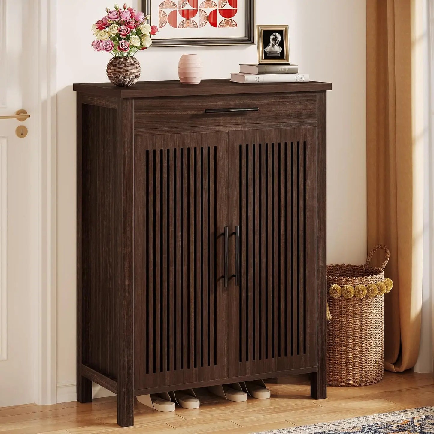 Little Tree 5-Tier Wooden Shoe Cabinet With Louvered Doors For Entryway