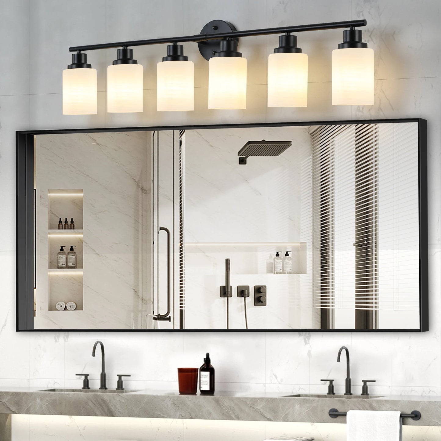 Contemporary Vanity Wall Light With Frosted Glass Lampshades Black Frame