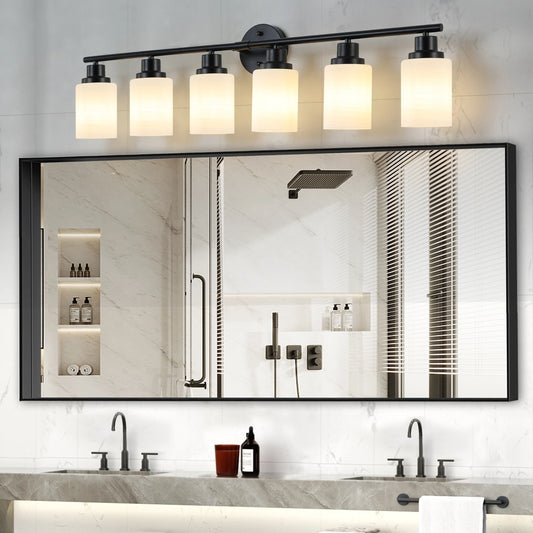 Contemporary Vanity Wall Light With Frosted Glass Lampshades Black Frame