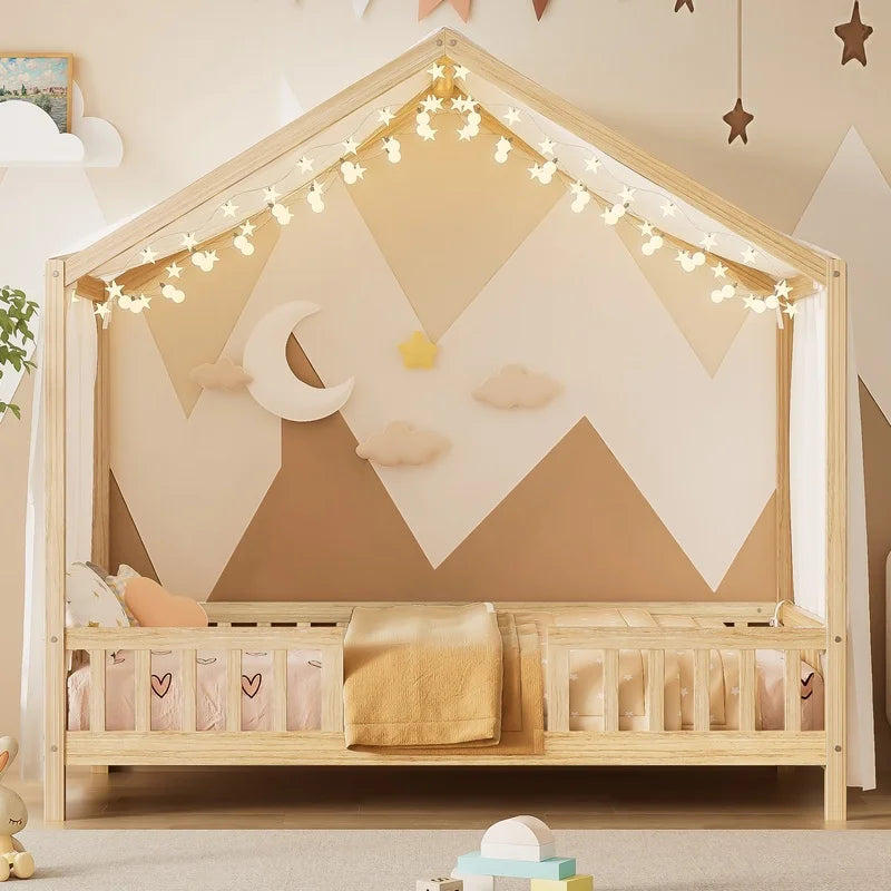 Montessori Floor Bed With Canopy For Kids Bamboo Wood Safety Rails