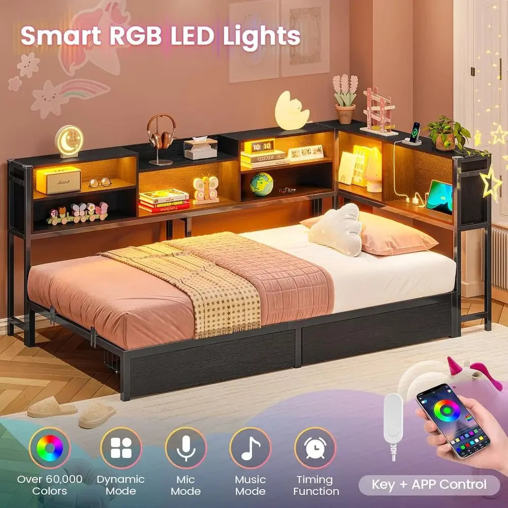 Twin Daybed With Two Drawers Bookcase Charging Station LED Lights