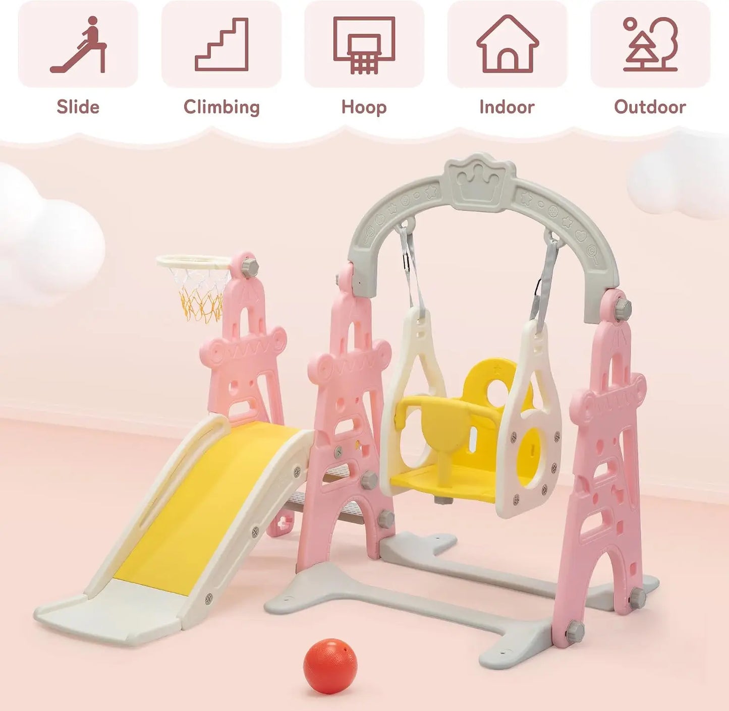 3in1 Kids Slide And Swing Set Indoor Playground With Basketball