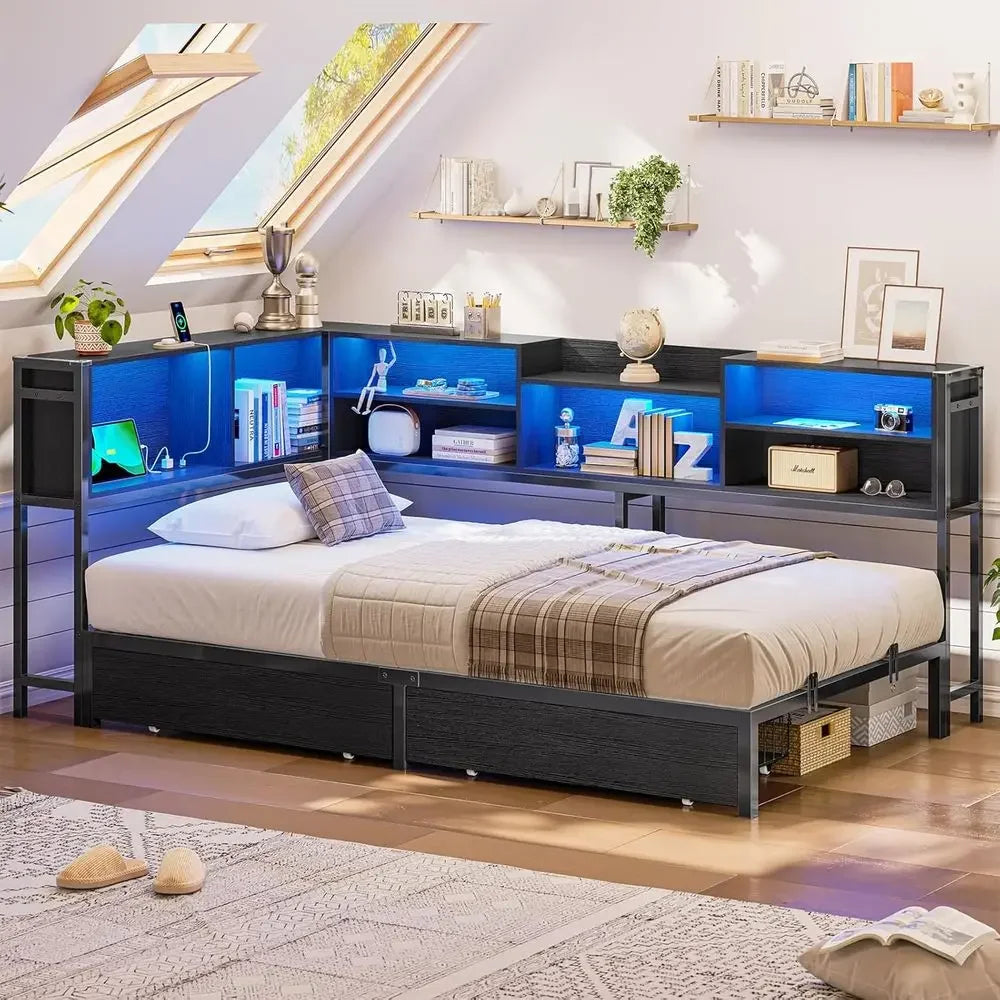 Twin Daybed With Two Drawers Bookcase Charging Station LED Lights