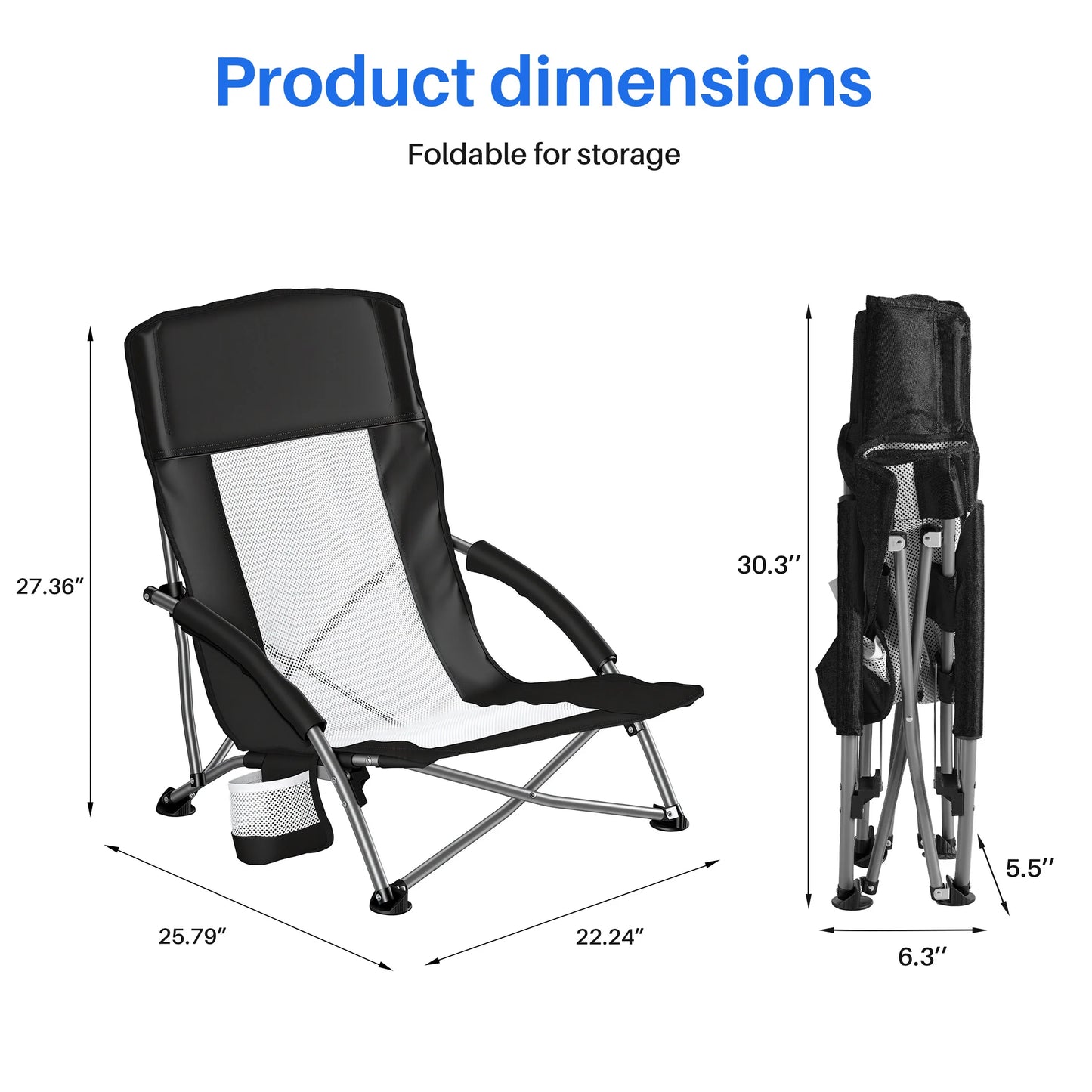 JHK Folding Beach Chair With Mesh Back And Cup Holder