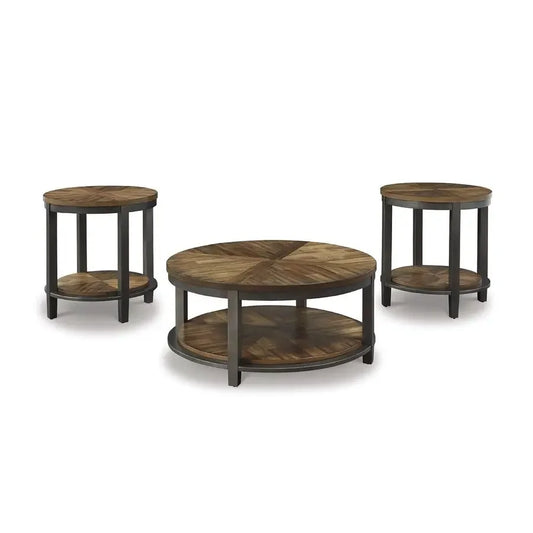 XMSJ Rustic Round 3-Piece Table Set With Coffee End Tables