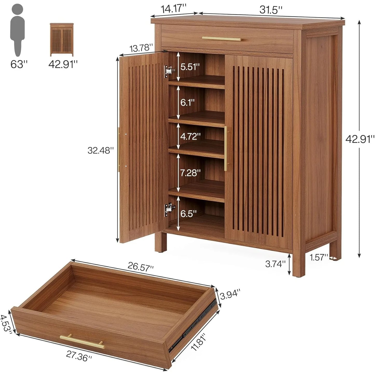Little Tree 5-Tier Wooden Shoe Cabinet With Louvered Doors For Entryway