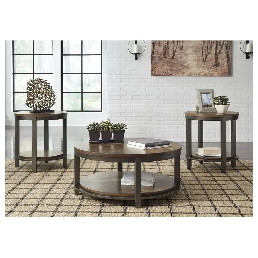XMSJ Rustic Round 3-Piece Table Set With Coffee End Tables