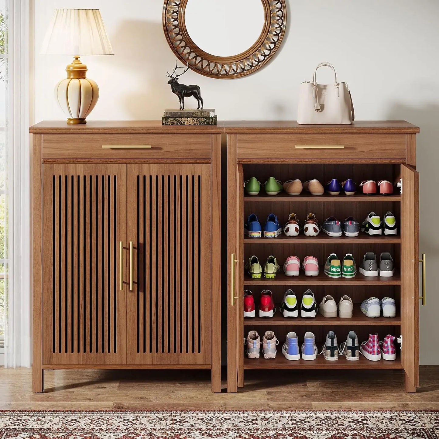 Little Tree 5-Tier Wooden Shoe Cabinet With Louvered Doors For Entryway