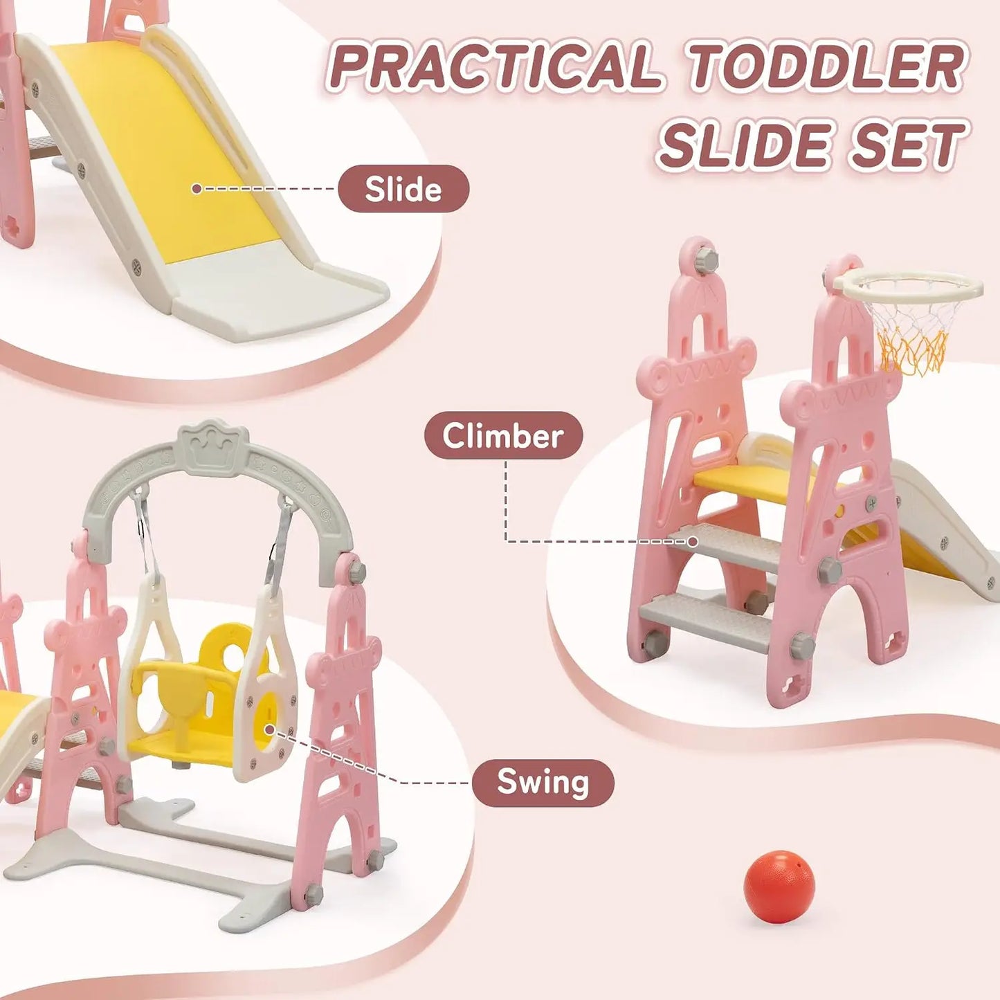 3in1 Kids Slide And Swing Set Indoor Playground With Basketball