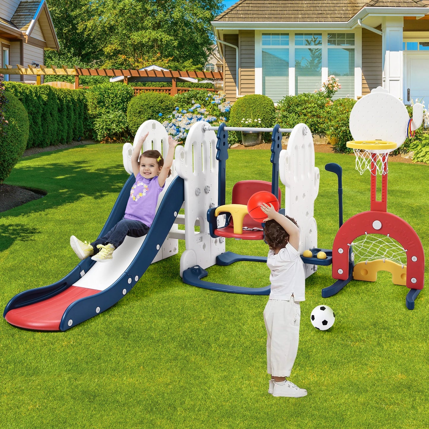 Seven In One Toddler Slide Swing Set With Basketball Hoop