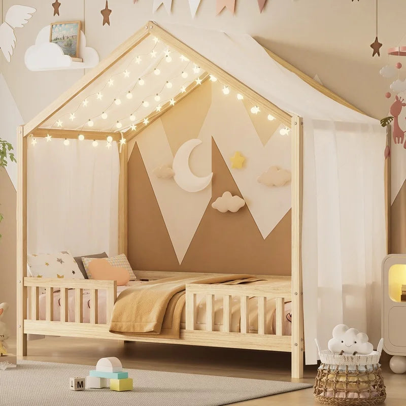 Montessori Floor Bed With Canopy For Kids Bamboo Wood Safety Rails