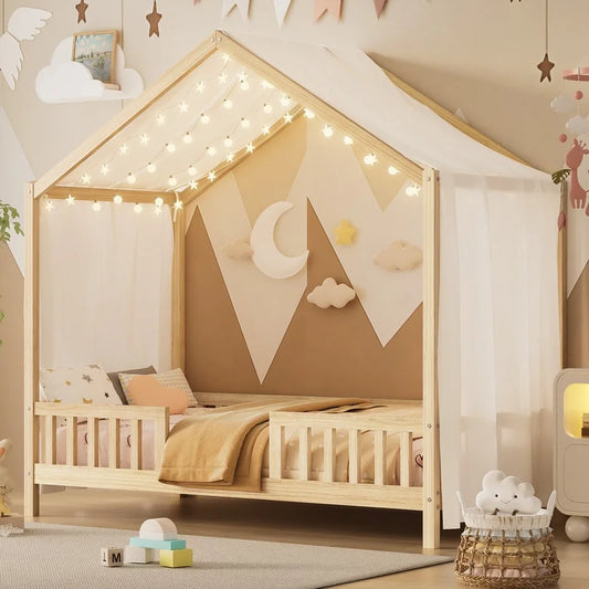 Montessori Floor Bed With Canopy For Kids Bamboo Wood Safety Rails