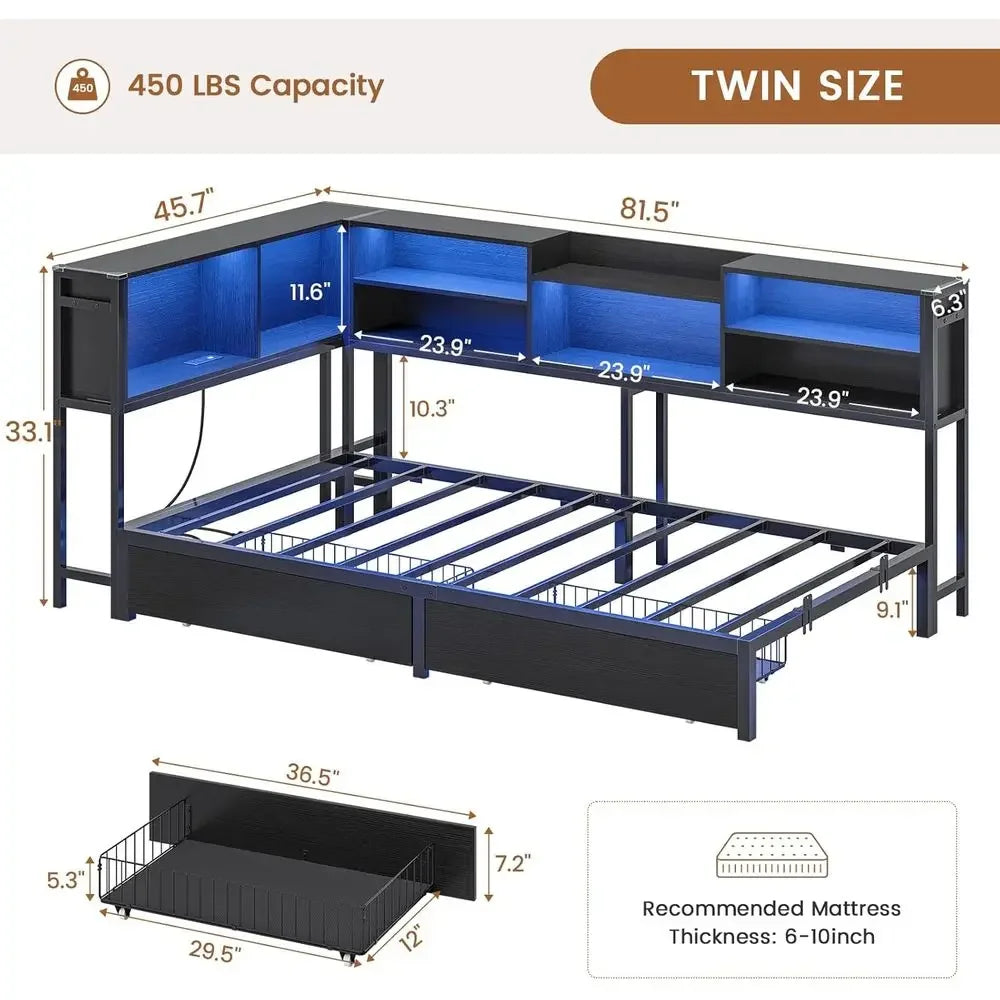 Twin Daybed With Two Drawers Bookcase Charging Station LED Lights