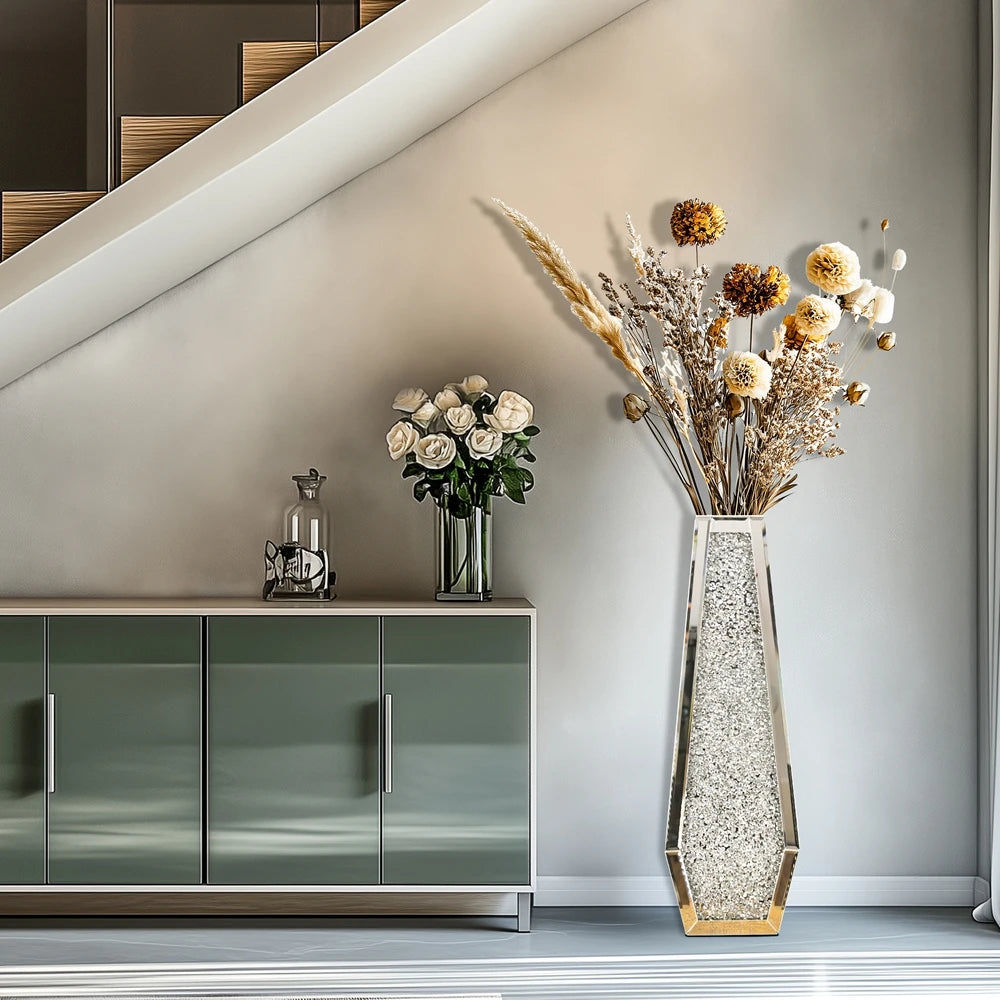 Crushed Diamond Mirrored Floor Vase Crystal Glass Modern Design