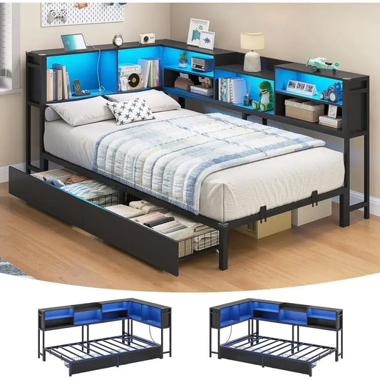 Twin Daybed With Two Drawers Bookcase Charging Station LED Lights