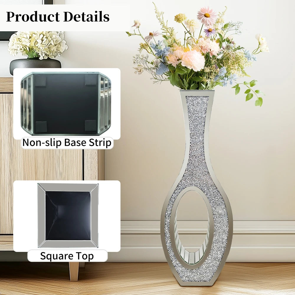 Mirrored Floor Vase With Diamond Crush Decorative Glass and MDF