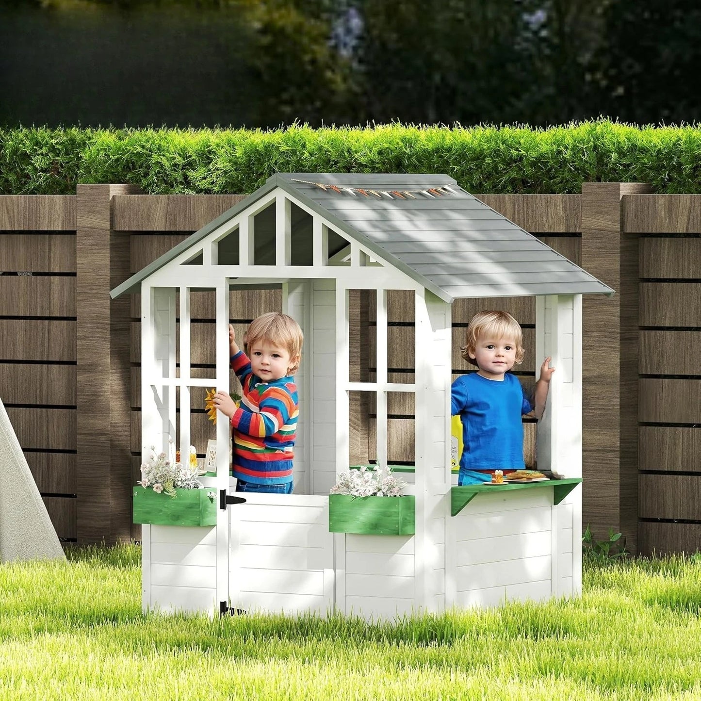 Wooden Outdoor Kids Playhouse With Working Door Windows Flower Pot