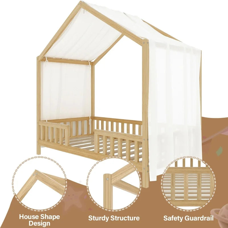 Montessori Floor Bed With Canopy For Kids Bamboo Wood Safety Rails