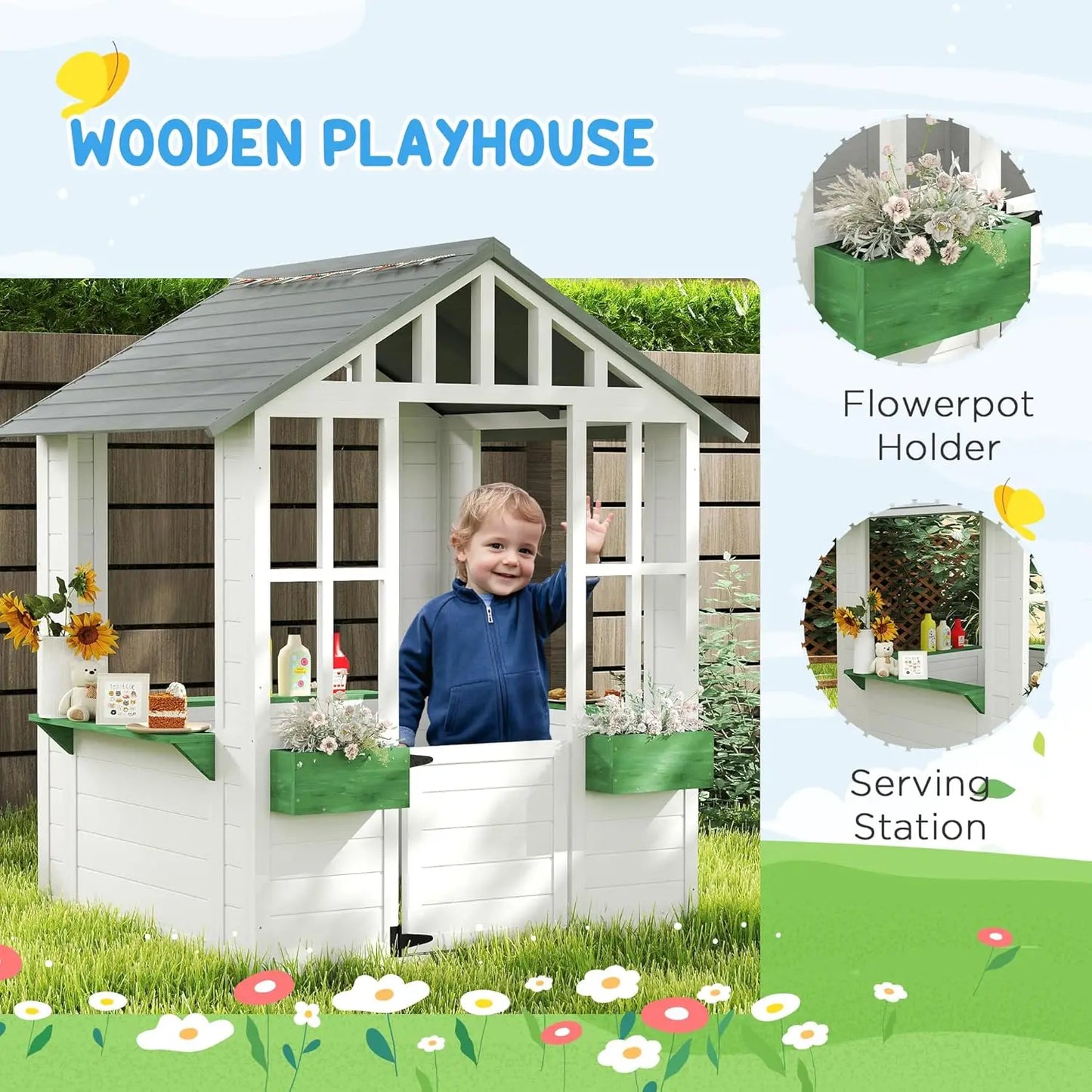 Wooden Outdoor Kids Playhouse With Working Door Windows Flower Pot