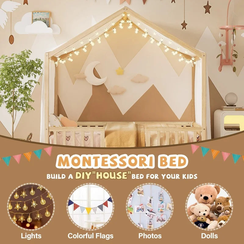 Montessori Floor Bed With Canopy For Kids Bamboo Wood Safety Rails