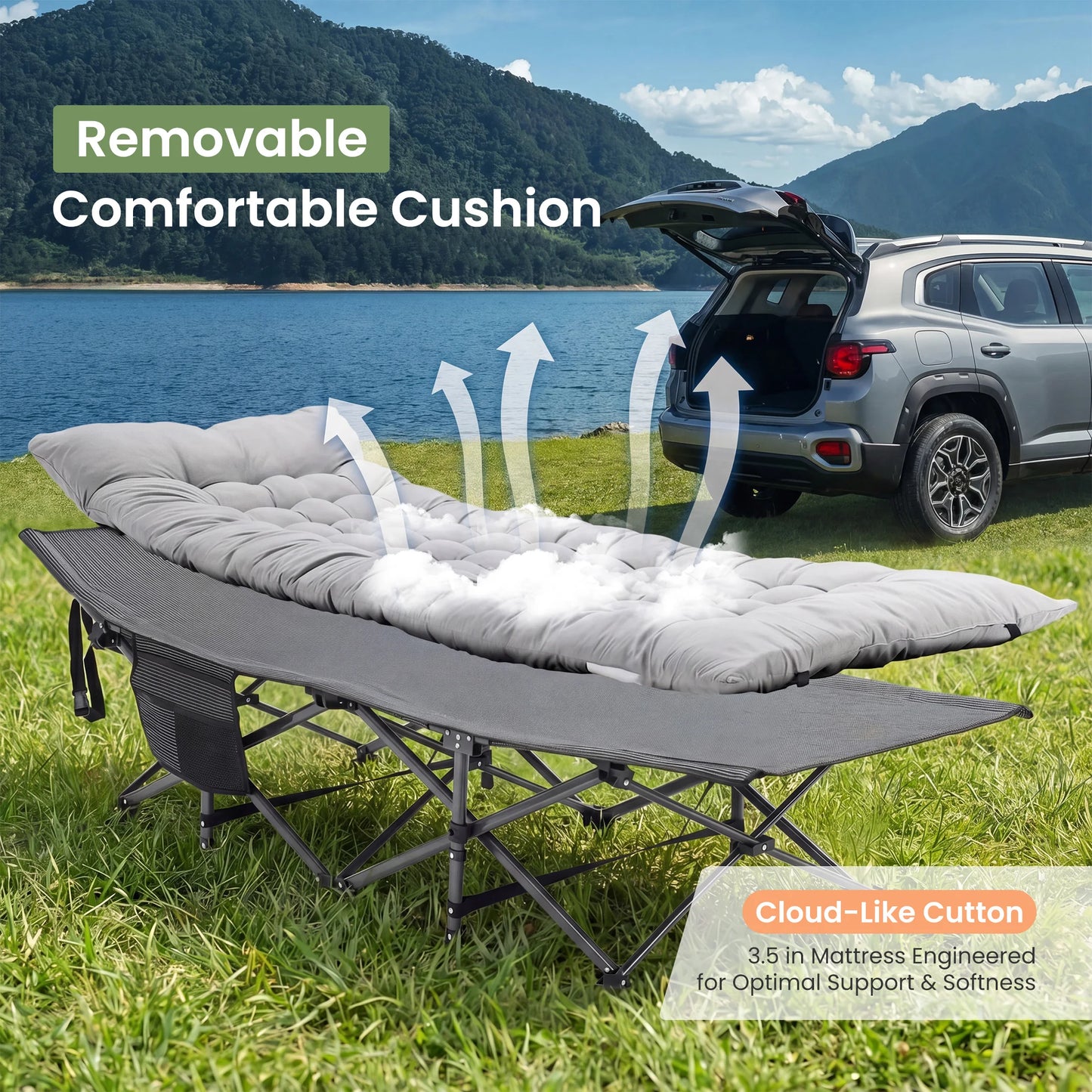 JHK Folding Camping Bed Lounge Chair Portable Outdoor Furniture With Storage